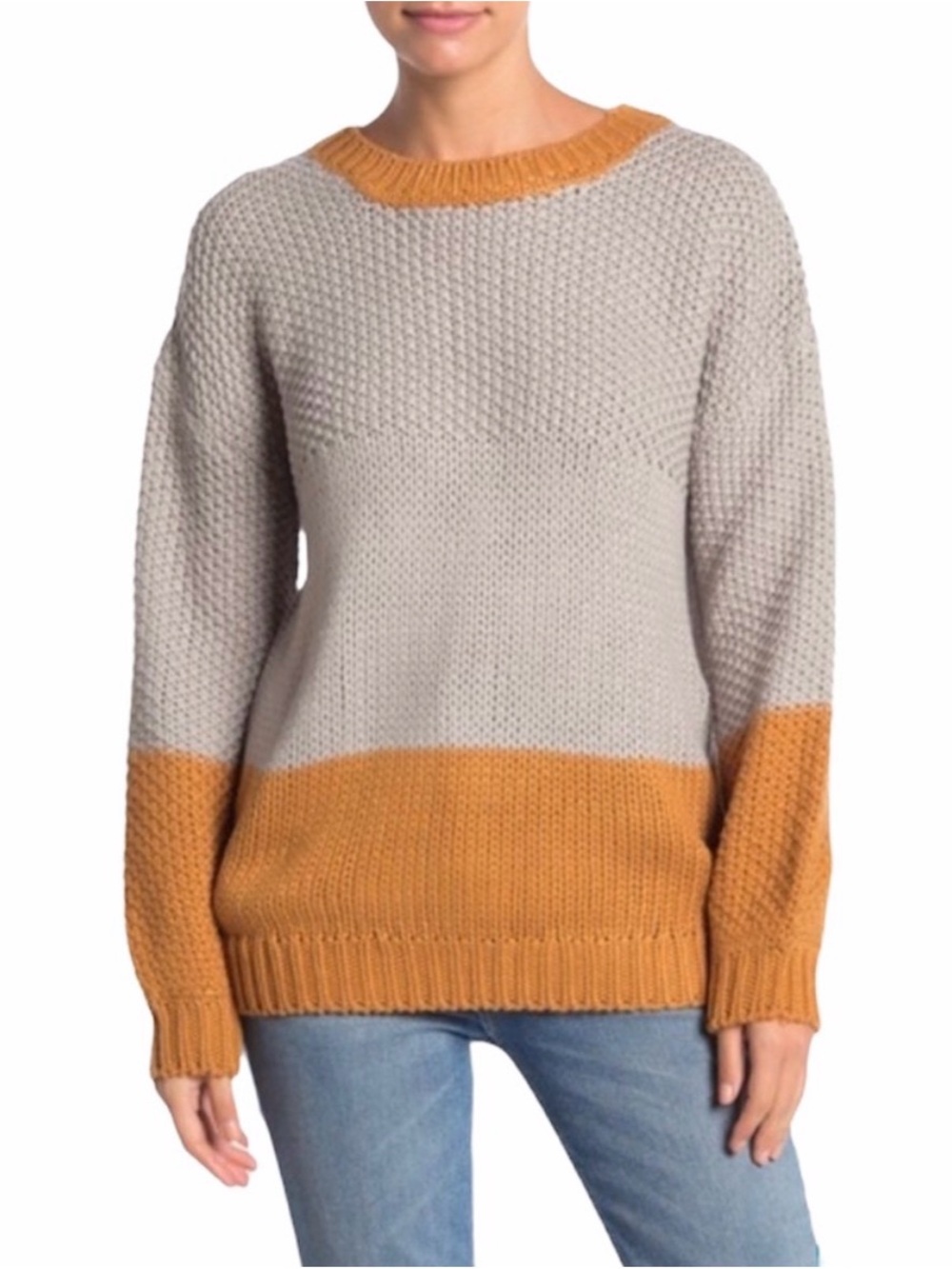 Elodie Two-Tone Crewneck Sweater- Taupe and Mustard